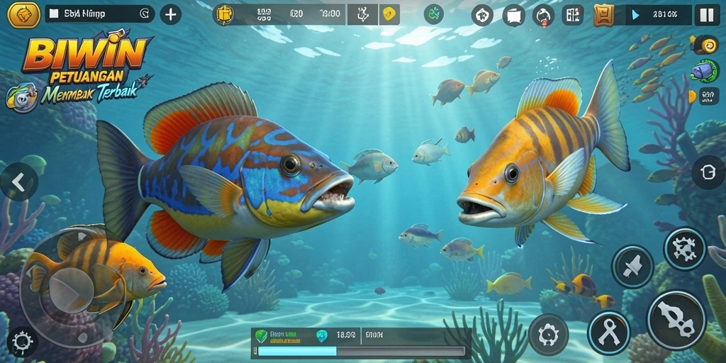 Screenshot gameplay BIWIN yang menunjukkan aksi seru menembak ikan.