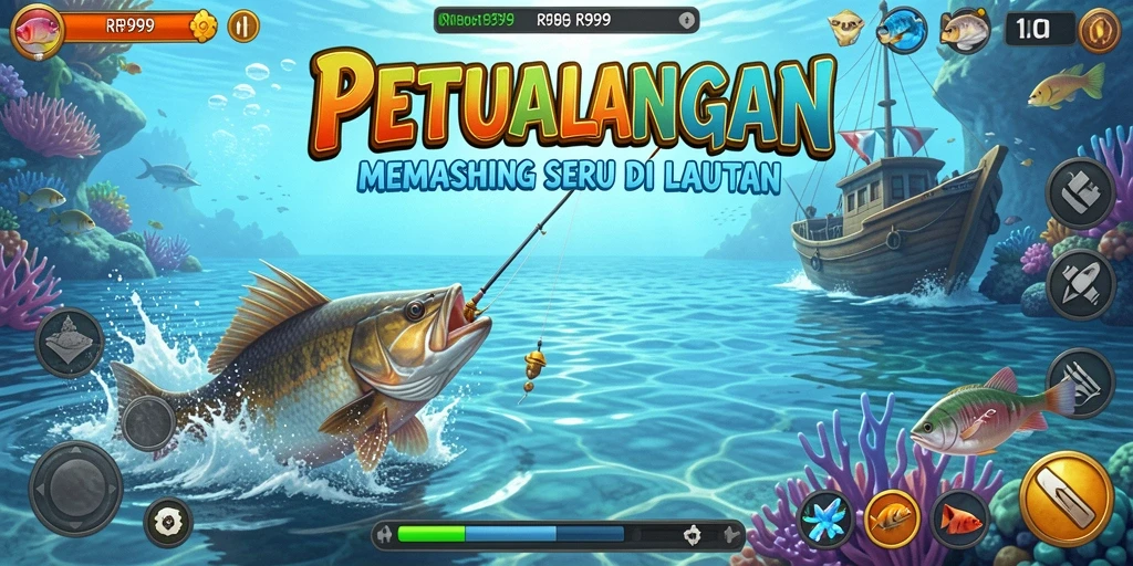 Gameplay seru dalam RR999 menampilkan aksi menangkap ikan yang mendebarkan.