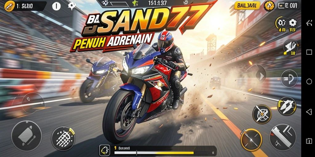 Screenshot SAND77 menampilkan aksi balapan motor yang seru dan mendebarkan.