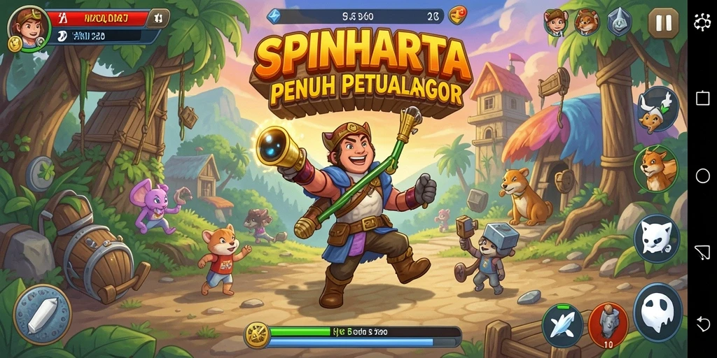 Tampilan gameplay SPINHARTA yang penuh warna dan seru.